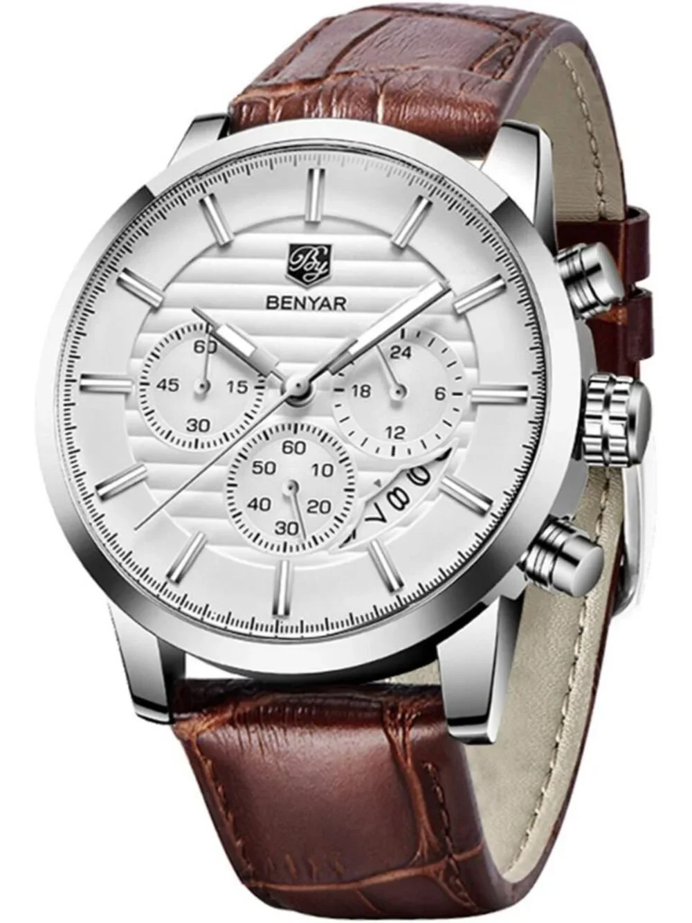 Mens Silver White Analog Quartz Leather Strap Chronograph Waterproof Wrist Watch